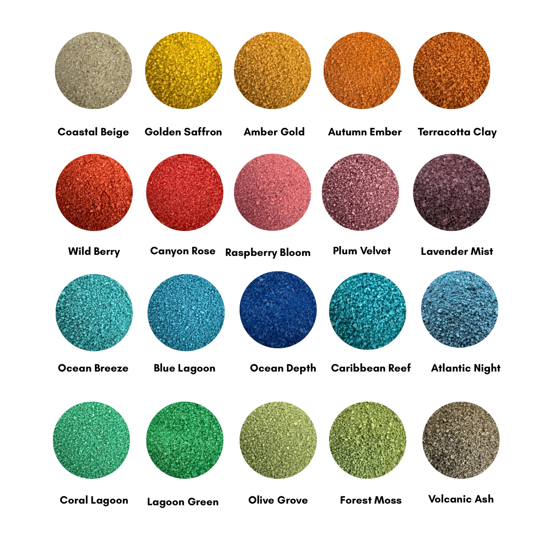 Olisand chart of 20 hand-tinted quartz sand colors
