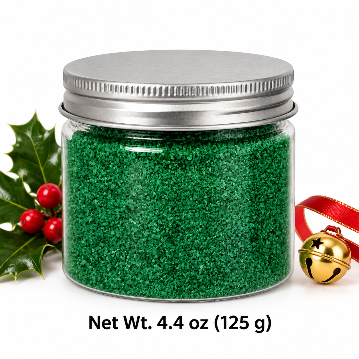 Clear jar of Lagoon Green quartz sand