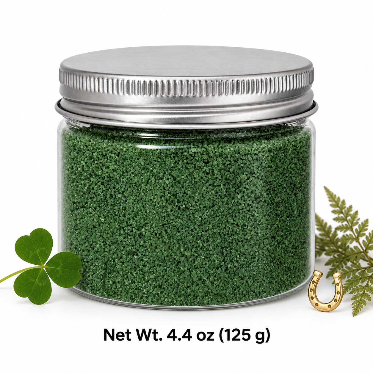 Clear jar of Forest Moss quartz sand
