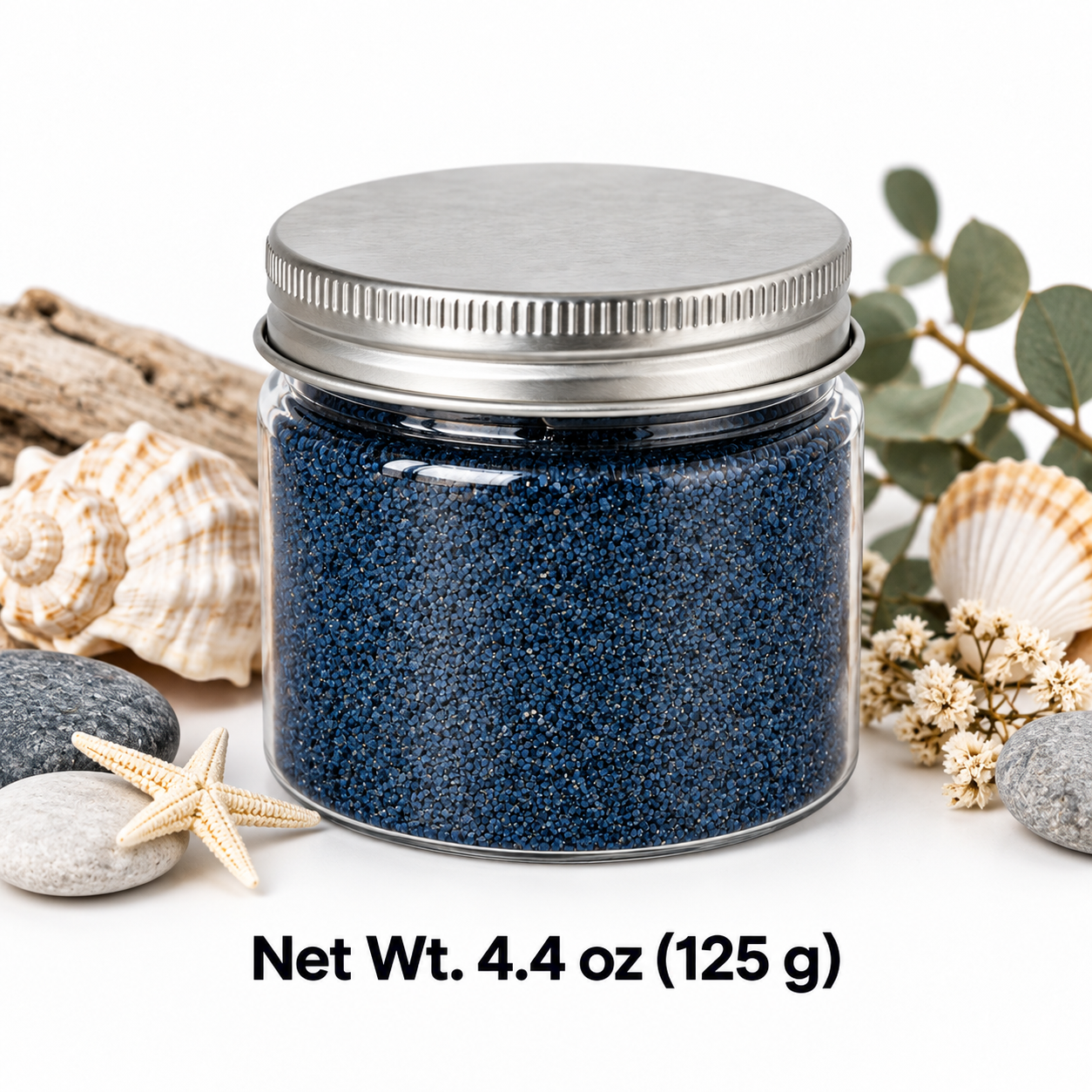 Clear jar of Atlantic Night quartz sand