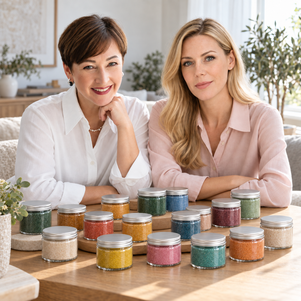 Olita and Linda, the two founders of Olisand, with jars of hand-tinted sand