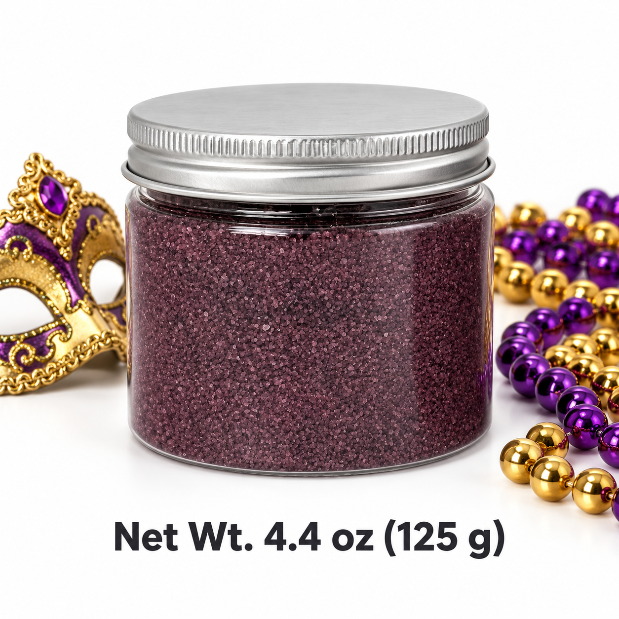 Clear jar of Plum Velvet quartz sand