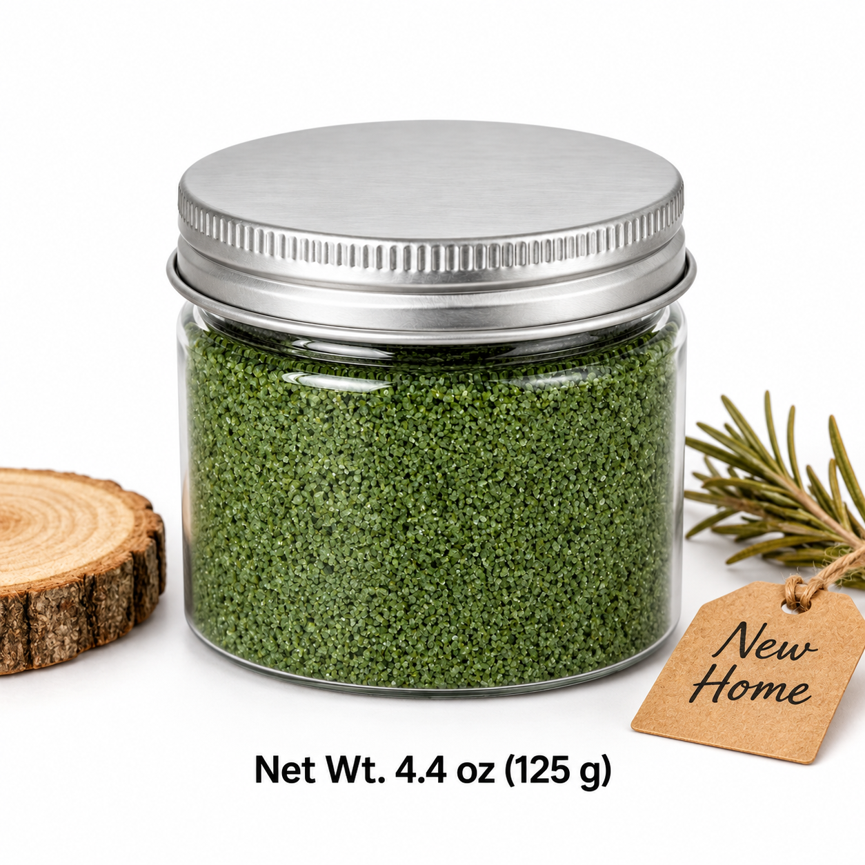 Clear jar of Olive Grove quartz sand